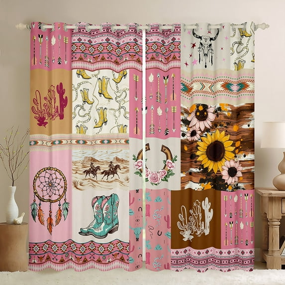 Pink Western Curtains Wild Desert Boho Arrow Print Blackout Curtains(30%-50% Black Out),Dreamcatcher Sunflower Decorations Curtains & Drapes Cowgirl Aztec Style Window Curtains 38Wx45L
