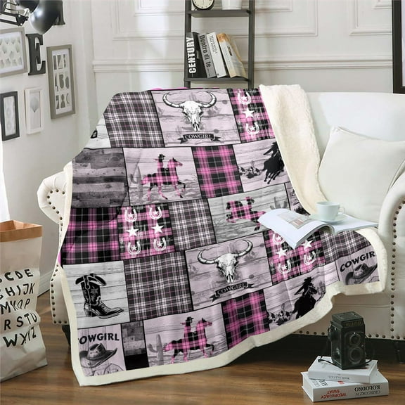 Pink Western Throw Blanket For Teen 40"X50" Country Cowgirl Fleece Bed Blanket West Cow Skull Horse Sherpa Blanket ,Rustic Farmhouse Buffalo Plaid Flannel Blanket Bedroom Decor