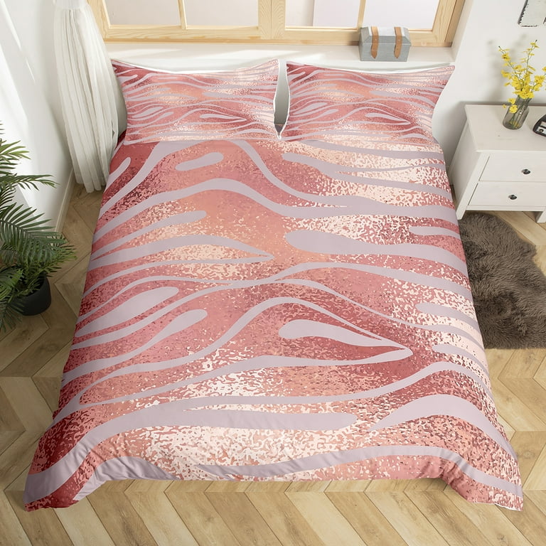 YST Pink Zebra Duvet Cover Full Rose Gold Bedding Set for Women Girls Ombre Animal Print Comforter Cover Gradient Glitter Sequins Bed Sets Soft