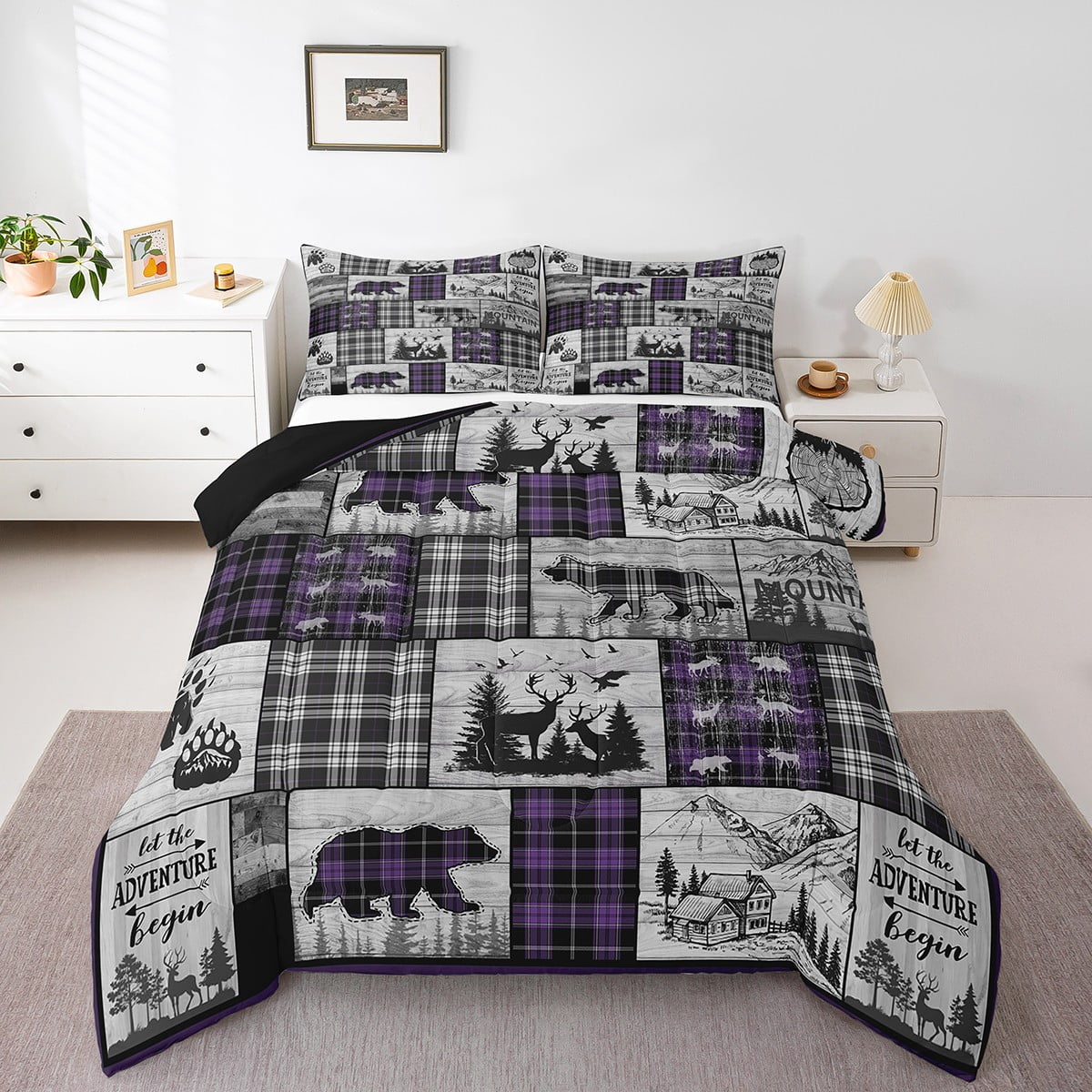 YST Plaid Bear Deer Comforter Set Rustic Cabin Bedding Set Full Size ...