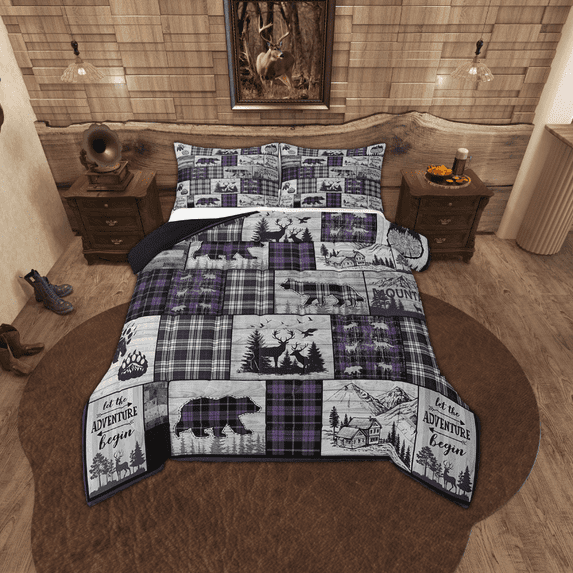 Plaid Bear Deer Comforter Set Rustic Cabin Bedding Set Full Size Country Hunting Wildlife Bedding Comforter Sets Adults Women Woodland Animal Quilt Set Purple Black Grey