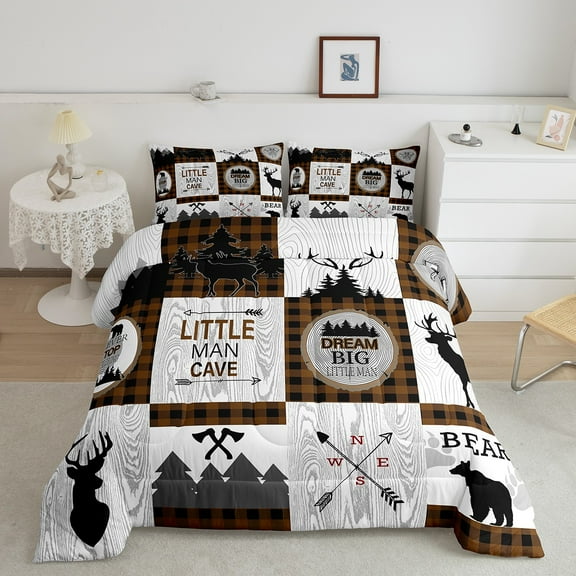 Erosebridal Plaid Deer Bear Quilt Set Rustic Cabin Queen Bedding Sets Men Lodge Hunting Comforter Set Woodland Bed Set Brown Black White Grey Farmhouse Decor 2 Pillow Cases