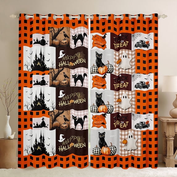 Plaid Halloween Curtains & Drapes 38"Wx54"L Orange Cartoon Window Curtains Pumpkin Ghost 30%-50% Blackout Curtains Gothic Black Cat Castle Window Treatments 2 Panels