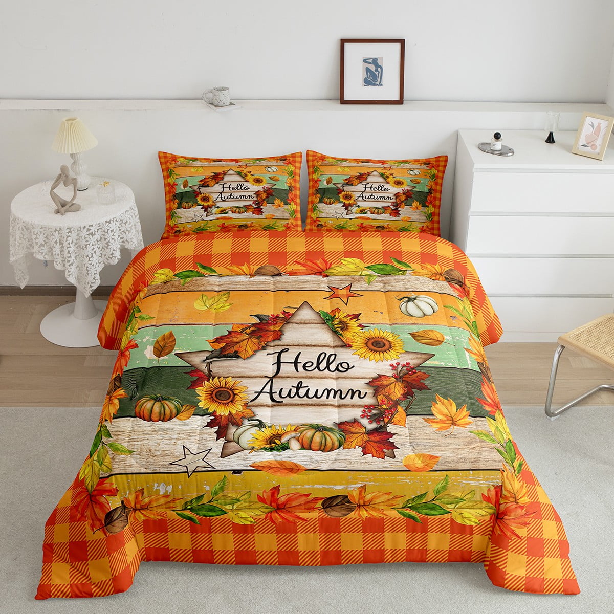 YST Plaid Pumpkin Bedding Set Rustic Farmhouse Fall Comforter Set