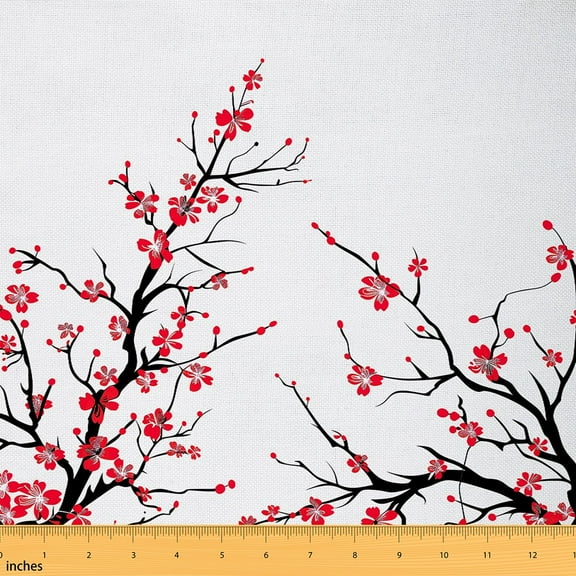 YST Plum Bossom Fabric By The Yard, Flowers Trees Branches Upholstery Fabric, Winter Florals Japanese Style DIY Decorative Fabric, Modern Botanical Indoor Outdoor Fabric, Black Red, 5 Yards