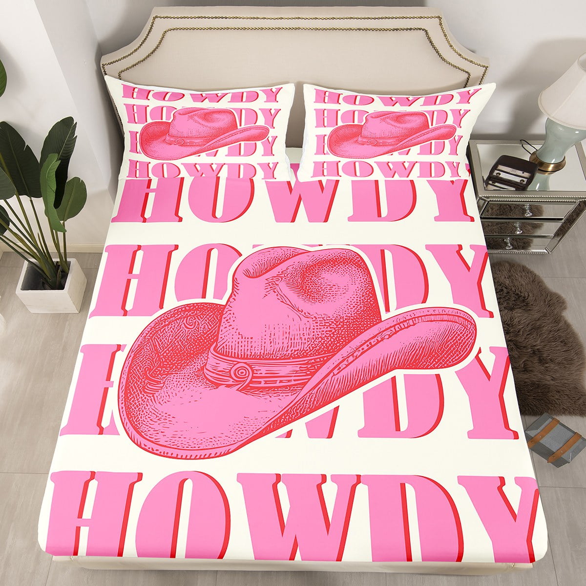 YST Preppy Howdy Pink Cowgirl Bed Sheets, Cow Girl Pink Hat Western