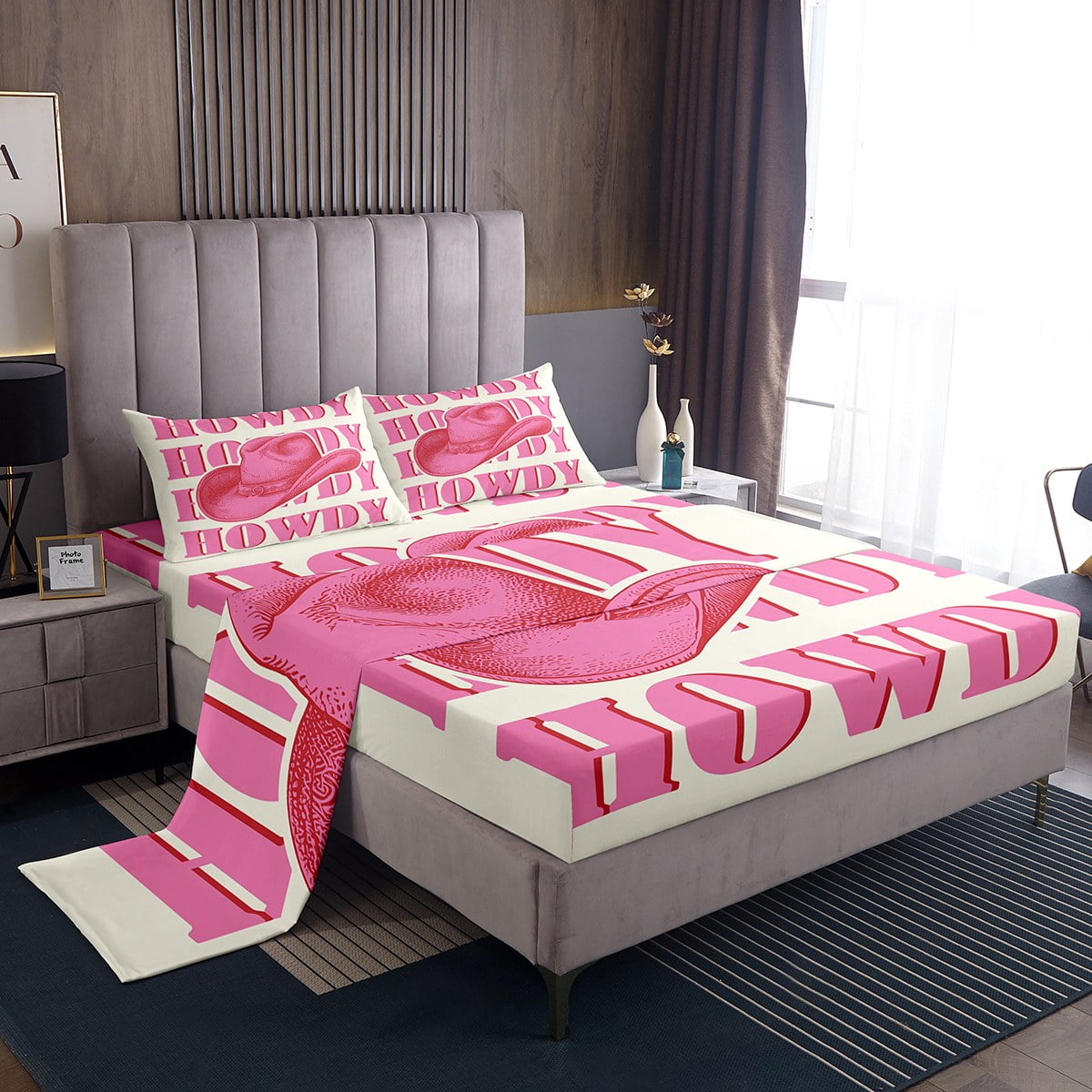 YST Preppy Howdy Pink Cowgirl Bed Sheets Set, Cow Girl Pink Hat Western Sheets Full, Hot Pink ...