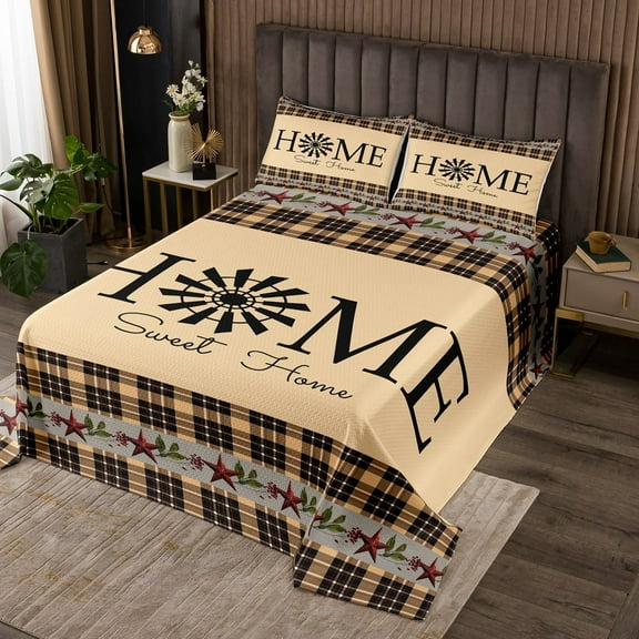 Primitive Country Farmhouse Quilt Set,Windmill Decor Bedspread Set Twin Tan Khaki Black Plaid Coverlet Set Western Vintage Bedding Set Rustic Farmhouse Bedroom Decor,1 Pillow Case