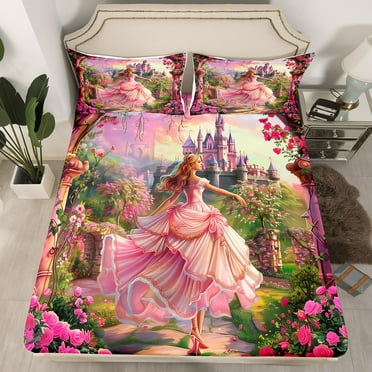 Princess Bedding Set Twin Size,Dreamy Castle Bed Sheets Women Adult Bedroom Decor,Rose Floral Fitted Sheet Flower Decor Rustic Farmhouse Sheets With 1 Pillowcase