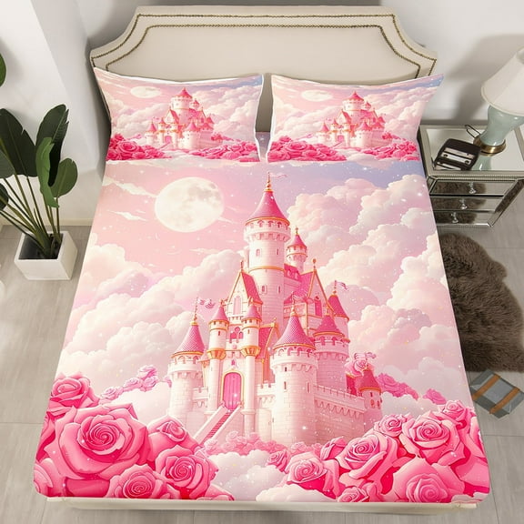 Erosebridal Princess Castle Fitted Sheet Twin Romantic Rose Flowers Bed Sheets,Dreamy Starry Sky Ultra Soft Bed Sheets Set Girly Pink Sheets Bedroom Decor With Deep Pocket