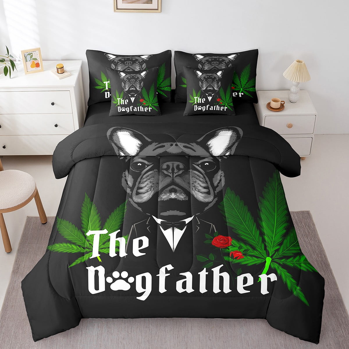 YST Pug Bed In A Bag King Cannabis Leaves Green Comforter Set 7 Piece For Kids Adults Cute Puppy Marijuana Leaf Bedding Set Hippie Botanical Animal Sheet Set With Comforter Walmart Business