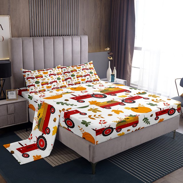 YST Pumpkin Car Bed Sheets Set Queen Size Fall Pumpkin Leaves Sheets ...