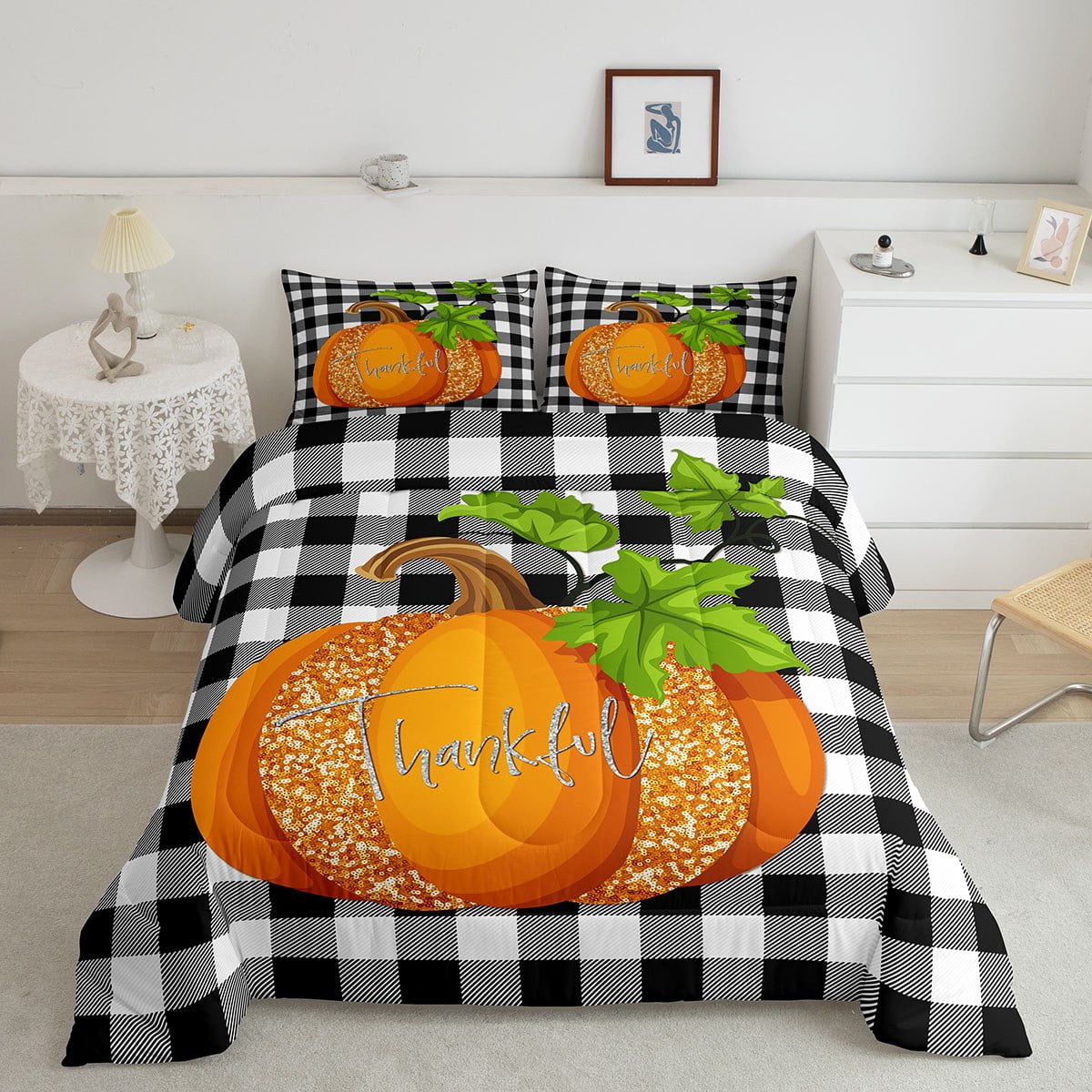 YST Pumpkin Comforter Set Queen, Black And White Buffalo Plaid Bedding