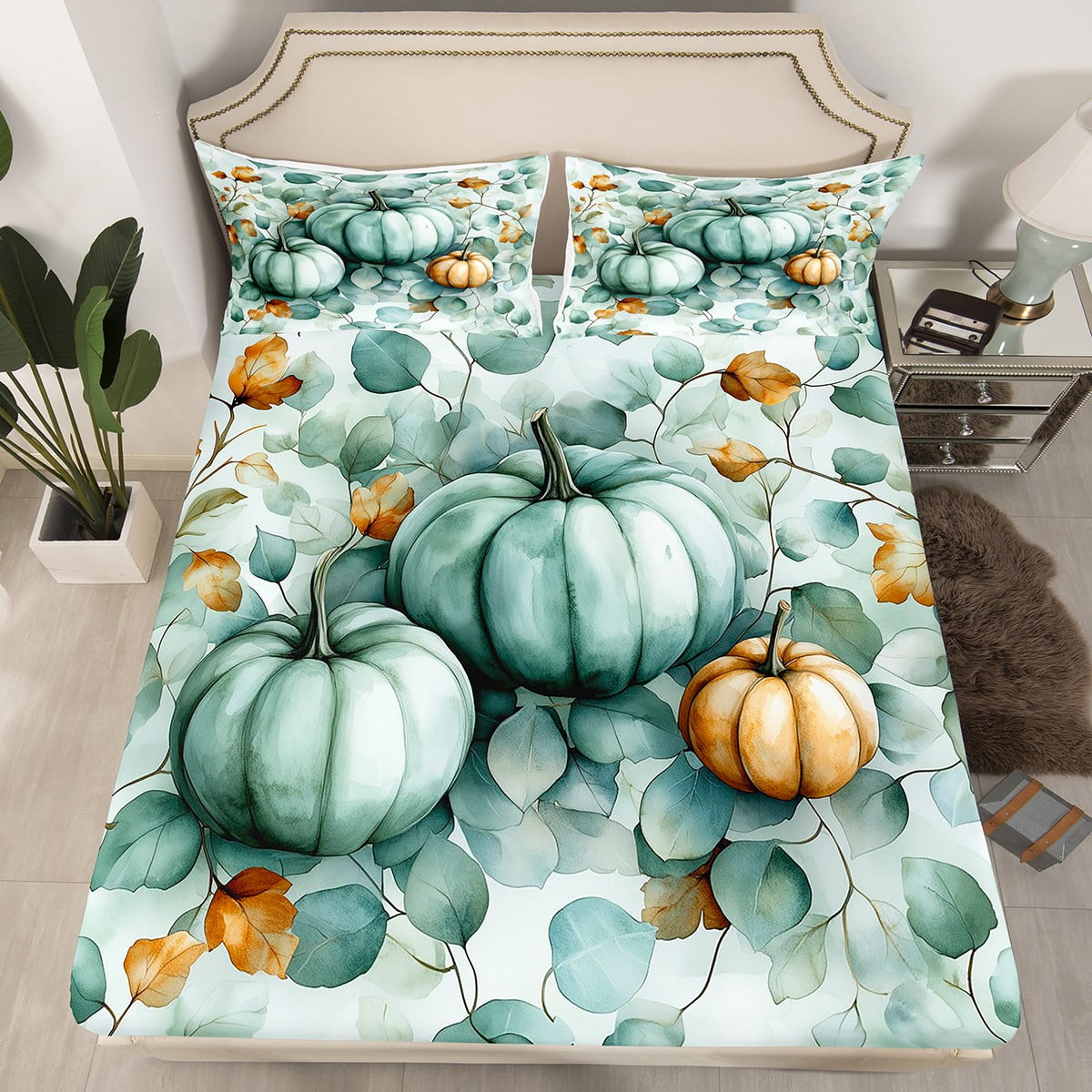 YST Pumpkin Decor Fitted Sheet Botanical Eucalyptus Leaves Bedding Set ...