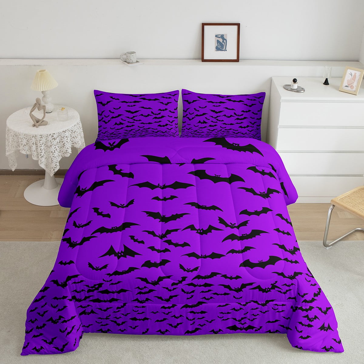YST Purple Black Bat Bedding Set Halloween Room Decor Comforter Set