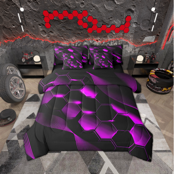 YST Purple Black Honeycomb 7 Piece Comforter Set Twin,Boys Neon Lights Geometry Hexagon Bed in a Bag with Flat Sheet and Fitted Sheet,Striped Curve Lines Bedding Set with Pillowcase & Sham