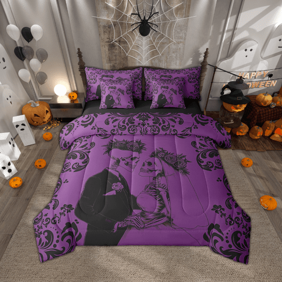 Purple Black Skull Bedding Set 7 Piece King Retro Damask Gothic Comforter Set With Sheets Wedding Anniversary Valentines Day Bed In A Bag For Couple Wife Husband,Halloween Bed Set