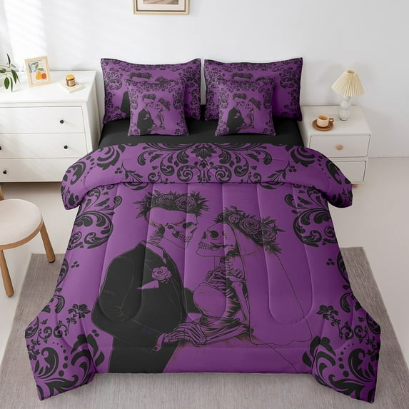 Purple Black Skull Bedding Set 7 Piece Twin Retro Damask Gothic Comforter Set With Sheets Wedding Anniversary Valentines Day Bed In A Bag For Couple Wife Husband,Halloween Bed Set