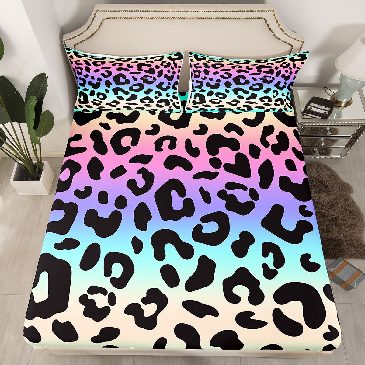 YST Purple Blue Pink Cheetah Print Fitted Sheet for Girls,Leopard Bed
