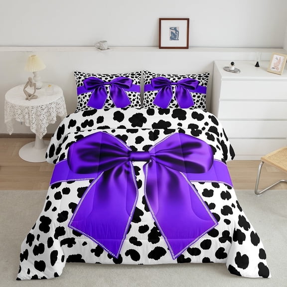 YST Purple Bow Knot Toddler Bedding Set, Cowhide Pattern Bows Soft Microfiber Bed Set, Romantic Dreamy Printed Women Girls Down Comforter For Bedroom, Black Princess Cozy Luxury Quilt Set