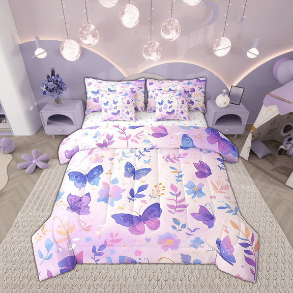 Purple Butterfly Bed in a Bag 7-Piece Chic Animals Bedding Set , Pink Blue Floral Twin Size Comforter Set Botanical Leaves Bedding Comforter Sets, Watercolor Flower Bed Set