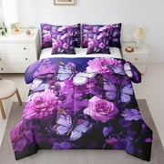 Erosebridal Purple Butterfly Floral Comforter Set Twin 7 Piece Boho Wild Flowers Bed in a Bag Women,Romantic Country Flower Bedding Set with 2 Sheets,2 Pillowcases,2 Throw Pillow Covers