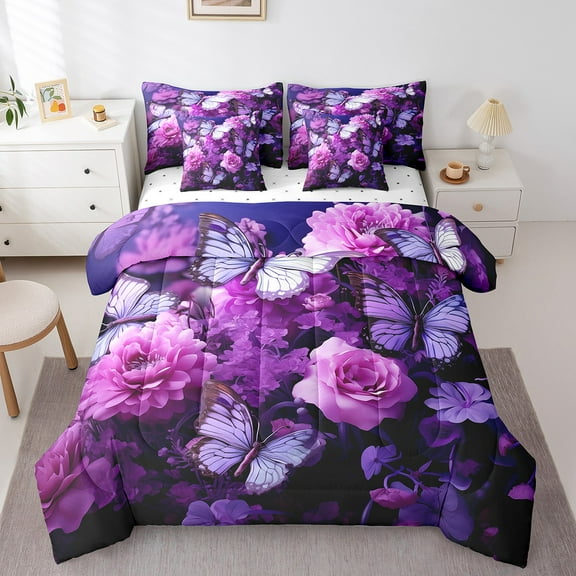 Erosebridal Purple Butterfly Floral Comforter Set Twin 7 Piece Boho Wild Flowers Bed in a Bag Women,Romantic Country Flower Bedding Set with 2 Sheets,2 Pillowcases,2 Throw Pillow Covers