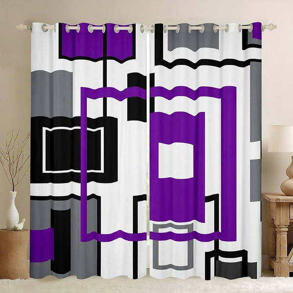 Purple Grey Window Curtains Black White Gray Geometric 30%-50% Blackout Curtains 42"Wx84"L Women Bedroom Geometry Striped Girds Window Curtains Abstract Window Treatments 2 Panels