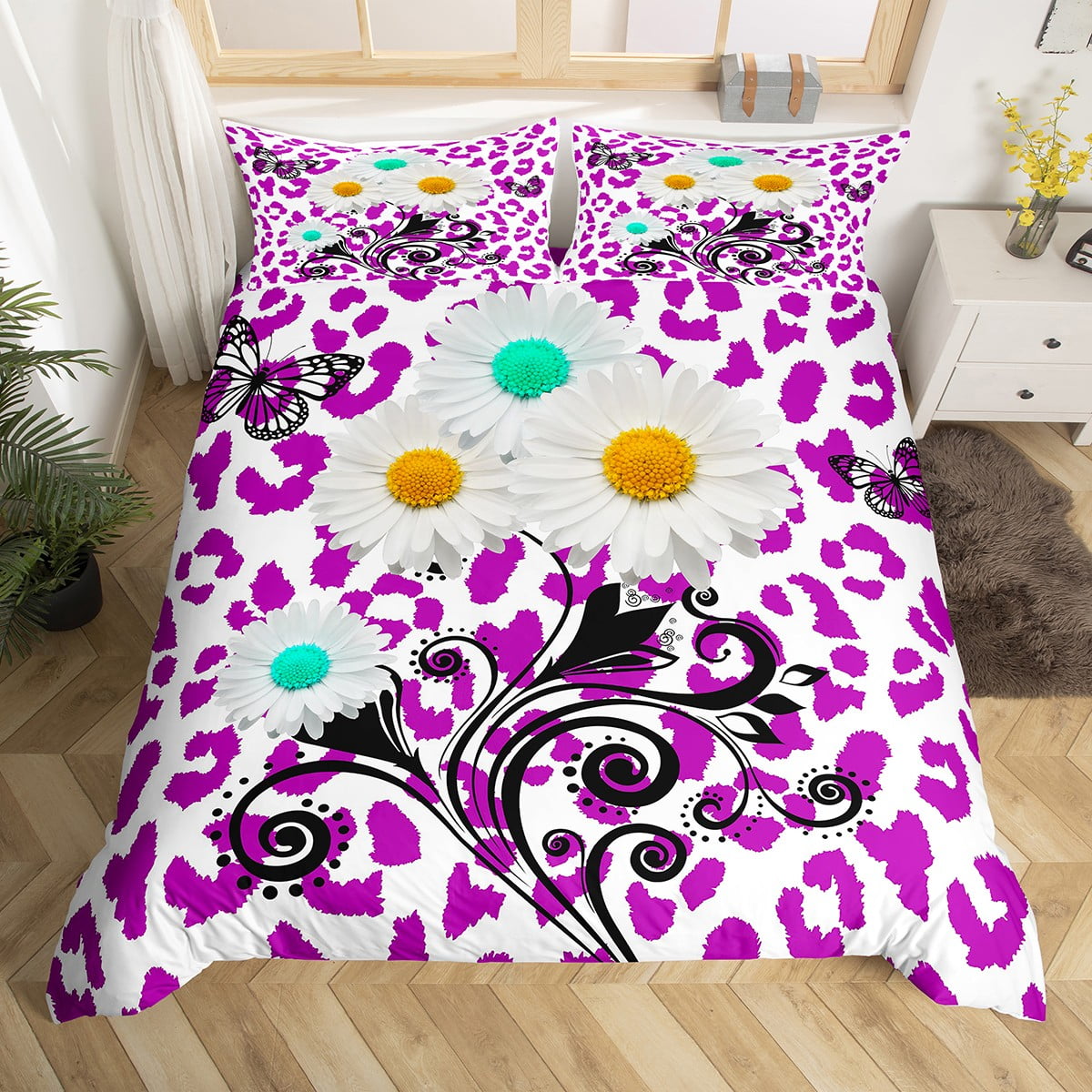 YST Purple Leopard Print Bed Set Girly Daisy Floral Duvet Cover Full