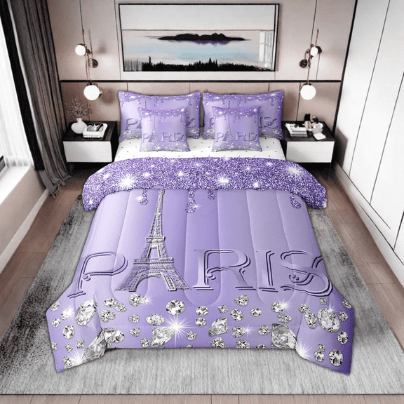 Erosebridal Purple Paris Comforter Set Twin,Eiffel Tower Bed in A Bag,Girly Sparkles Diamond Bedding Sets,(Not Real) Sequins Reversible Bed Sets with Sheet Set Bedroom Decor,7 Pcs