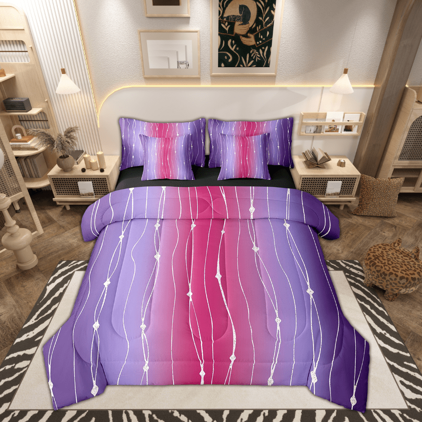 Purple and Pink Bed in a Bag 7pcs Gradient Ombre Bedding Set, Wave ...