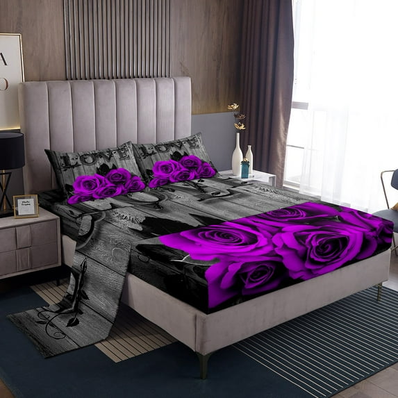 Erosebridal Purple Rose Bedding Set Full Purple Black Romantic Floral Bed Sheets Women Valentine'S Day Sheet Set Rustic Farmhouse Rose Flower Fitted Sheet + Flat Sheet + 2 Pillow Cases