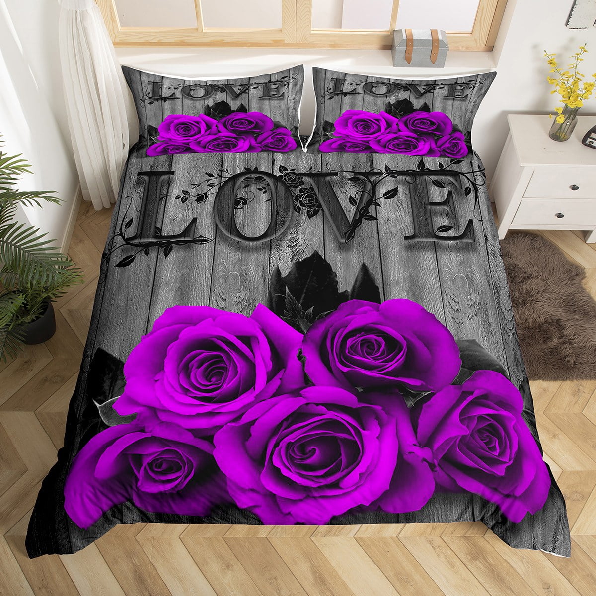 YST Purple Rose Duvet Cover Queen Purple Black Romantic Floral Bedding