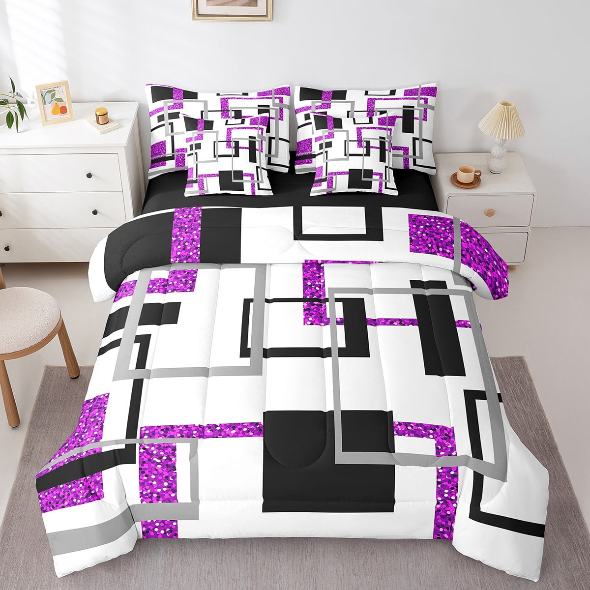 YST Purple Striped Bedding Sets for Kids Boys Girls,Geometric 7 