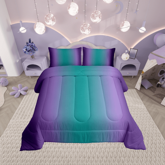 Erosebridal Purple and Teal Comforter Set King,Rainbow Ombre Bedding Set Aesthetic Room Decor for Women Men,Gradient Colorful Comforter Sets Abstract Quilt Bed Set 3Pcs