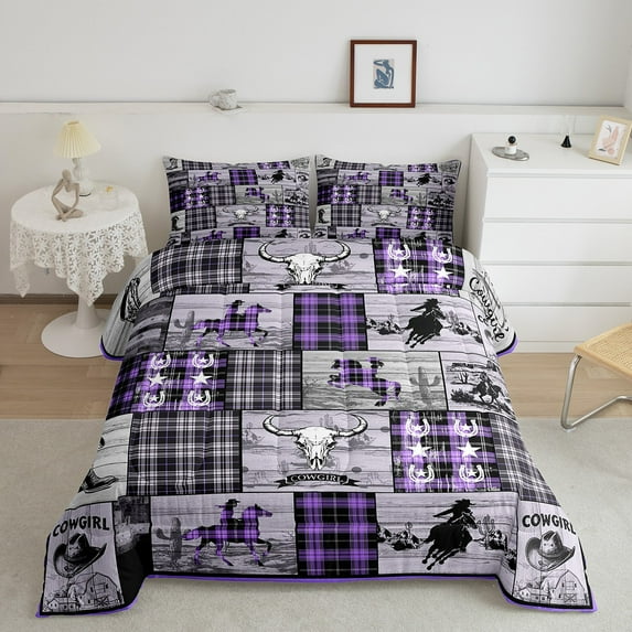 Erosebridal Purple Western Full Comforter Set Country Cowgirl Bedding Sets Wild West Bull Horse Quilt Set Teen Women,Rustic Farmhouse Buffalo Plaid Bed Duvet Set Room Decor 3 Pcs