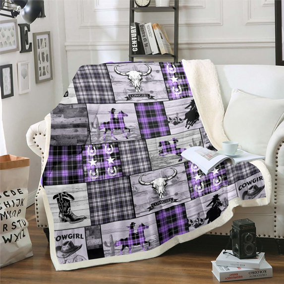 Purple Western Twin 60"X80" Fleece Blanket For Bed Couch Cowgirl Throw Blanket West Cow Skull Horse Sherpa Blanket Teen Women,Rustic Farmhouse Plaid Soft Flannel Blanket
