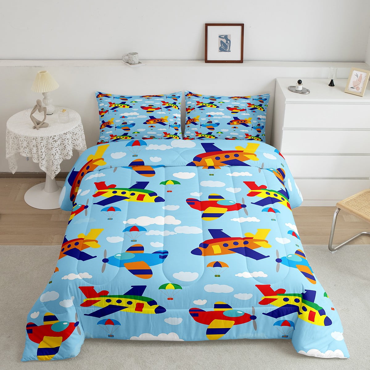 YST Queen Aircraft Comforter Set for Boys Aviation Theme Bedroom,Kids Toddler Airplane Bedding