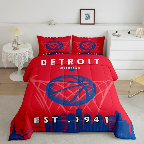 Queen Basketball Comforter Set ,Basketball Team Bedding, Sports Bedding Comforter Sets,Basketball Gift Duvet Insert with 2 Pillowcases Lightweight,Detroit