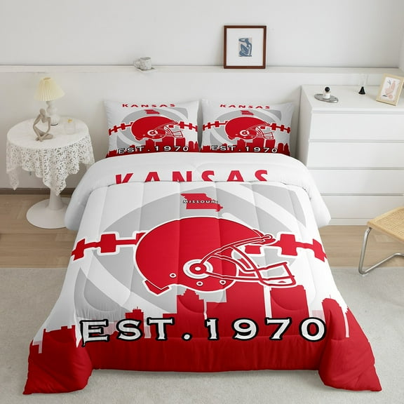 Erosebridal Queen Comforter Set,American Football Bedding Set,Football Players Quilt Inner Fill,Rugby Down Comforter with 2 Pillowcases for Football Fan(Kansas),White Red