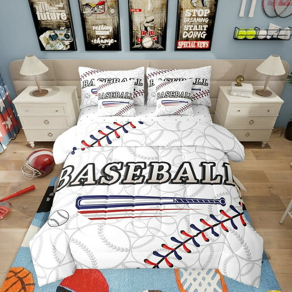 Queen Size Baseball Bedding Set Sports Themed Comforter 7 Pieces Soft Microfiber Sheet Set Ball Gaming Court Print Bed Set With 2 Pillow Cases,White Blue Red