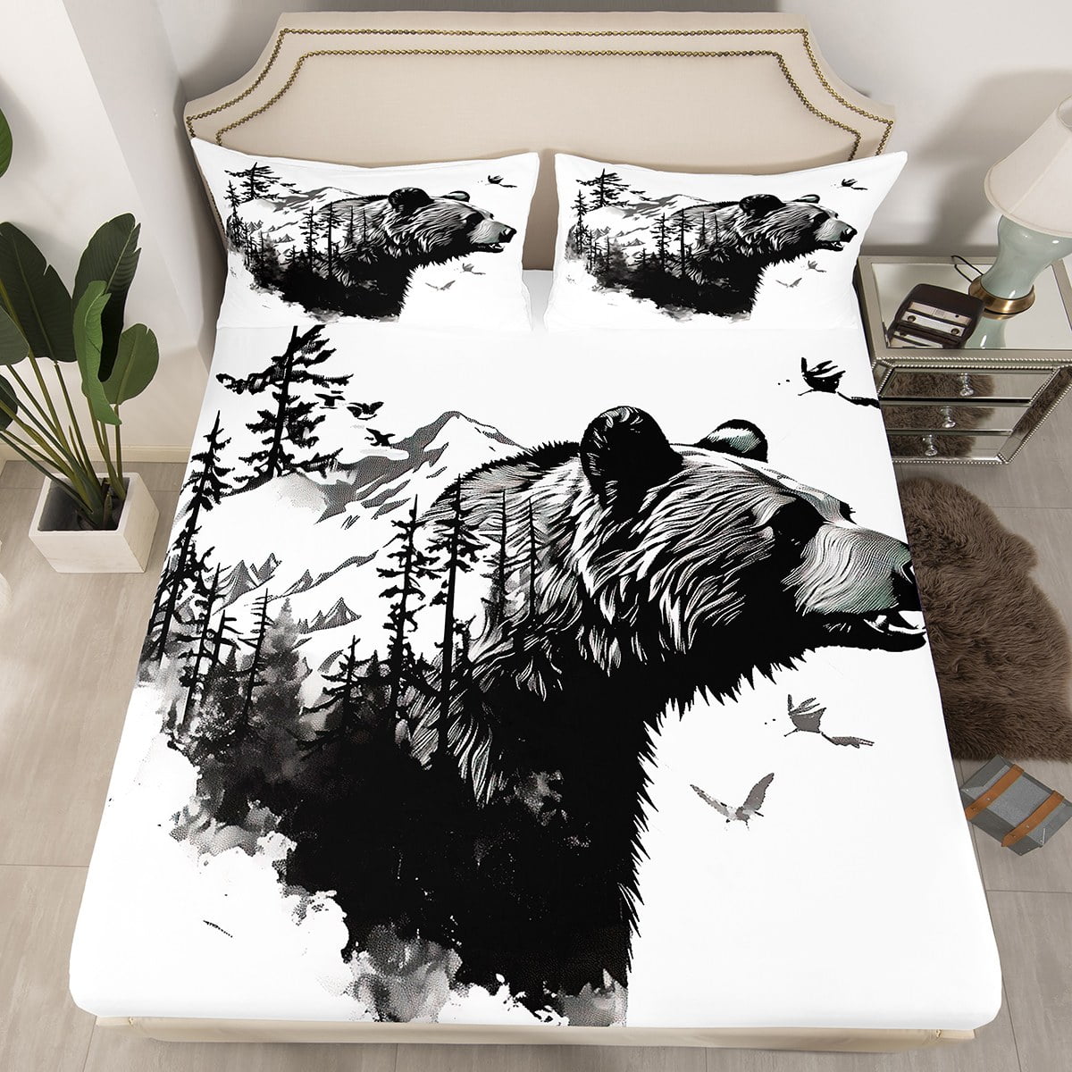 YST Queen Size Sheets For Boys Girls Bear Hunting Fitted Sheet, 3D