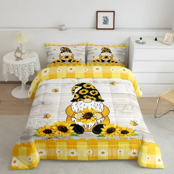Queen Size Sunflower Gnome Comforter Set,Cartoon Yellow Floral Bedding Teens ,Kawaii Bee Gnome Duvet Insert,Garden Daisy Flowers Wooden Grain Down Comforter Soft Warm