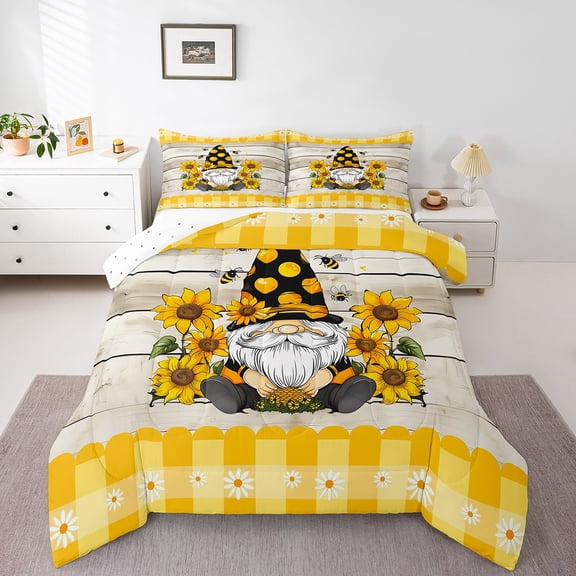 Queen Size Sunflower Gnome Comforter Set,Cartoon Yellow Floral Bedding Teens ,Kawaii Bee Gnome Duvet Insert,Garden Daisy Flowers Wooden Grain Down Comforter Soft Warm