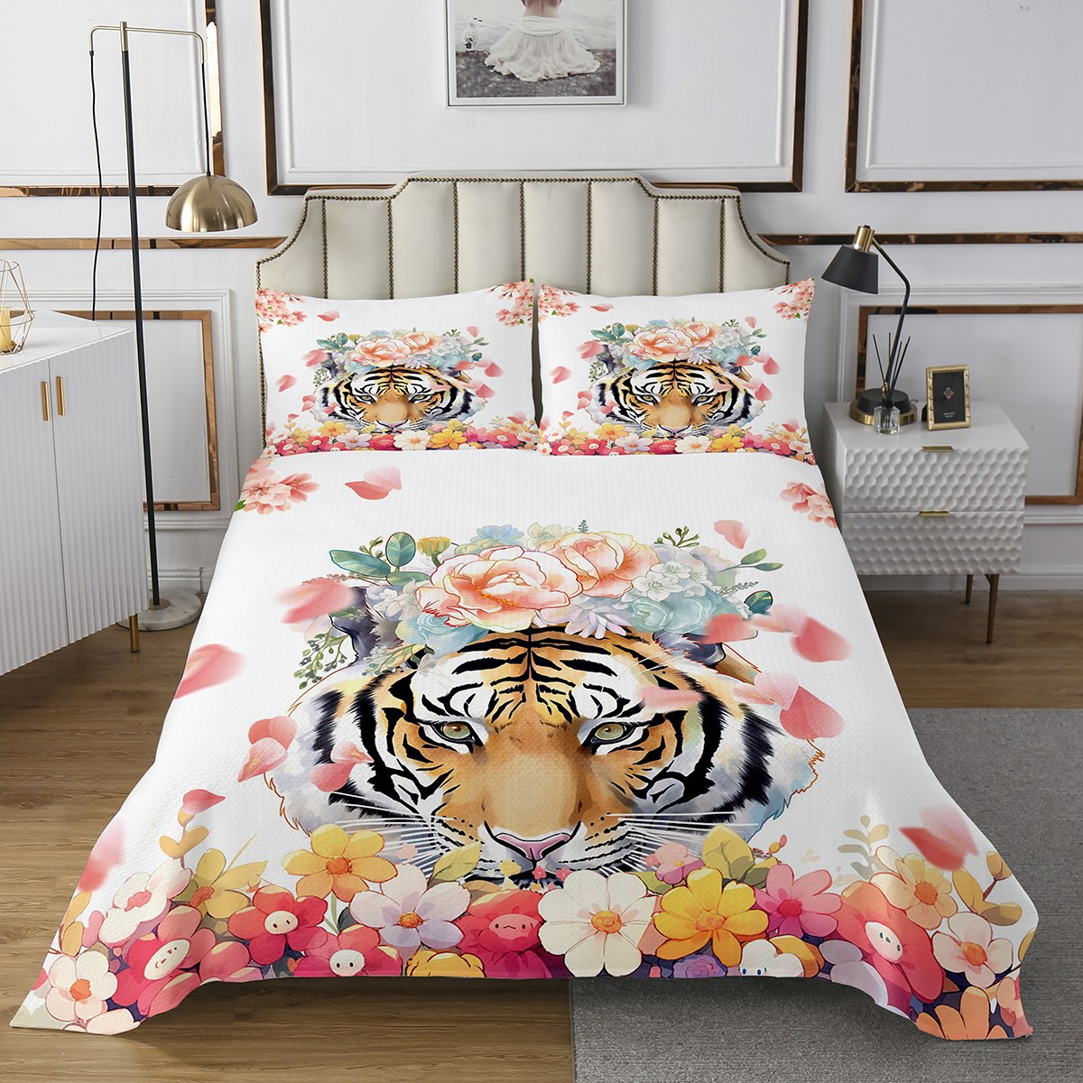 YST Queen Size Tiger Bedspread Set 3D Animal Print Quilt Set forest