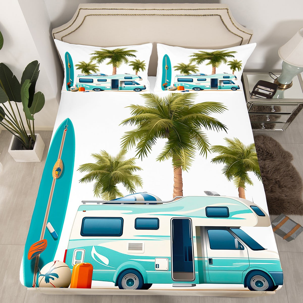RV Camper Bed Sheets Sea Surfing Sports Fitted Sheet Queen Size,Camping ...