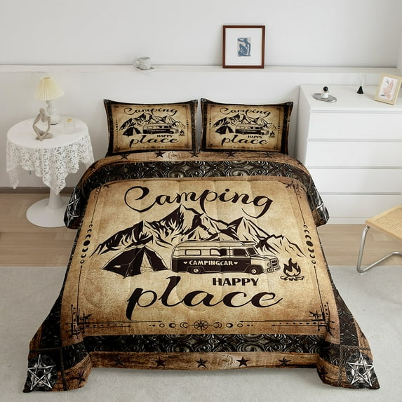 Erosebridal RV Queen Comforter Set for Camper Bedding Set,Happy Camping Comforter Set,Retro Western Texas Star Decor Rustic Cabin Style Mountain Camper Quilt Bed Set 3Pcs