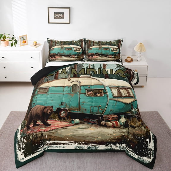 Erosebridal RV Queen Comforter Set for Camper Bedding Set,Happy Camping Comforter Set,Vintage Camper Quilt Bed Set for Travel Trailer,Bear Rustic Country Bedroom Decor 3Pcs
