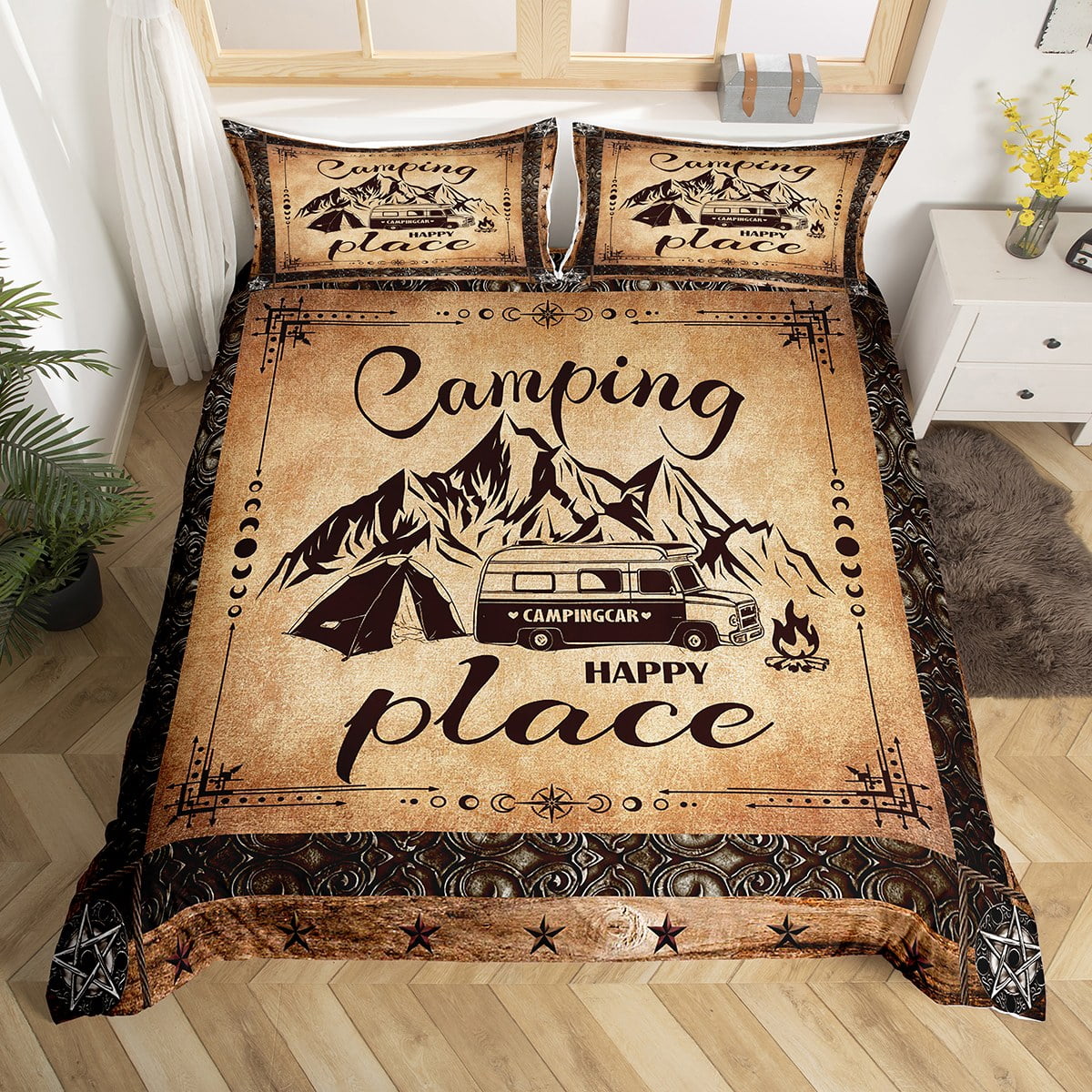 YST RV Queen Duvet Cover for Camper Bedding Set,Happy Camping Comforter