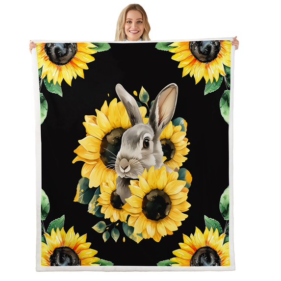 Rabbit Throw Blanket Queen Size, Cute Bunny Animal Fleece Blanket Bedroom, Country Sunflower Sherpa Blanket Floral Rustic Farmhouse Flannel Blanket, Black Yellow